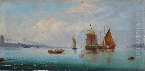  Bateaux Au Mouillage Par Temps Calme  Oil Painting by Pierre Julien Gilbert