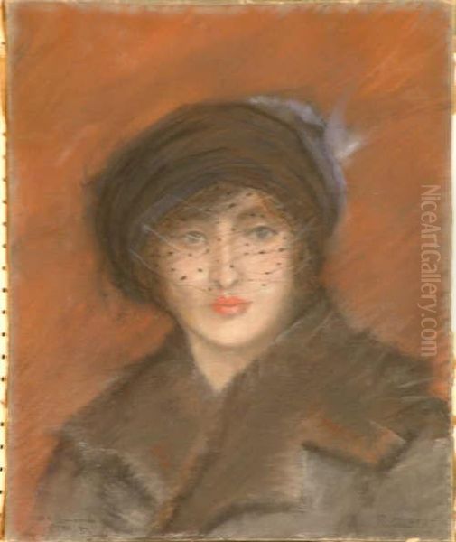 French Pastel Portrait Of A Lady Wearing A Veil Signed And Inscribed 'mon Camarade P.m.b' 18 X 15in Oil Painting by Rene Joseph Gilbert