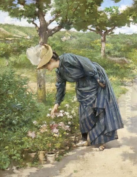 A Lady Picking Flowers Oil Painting by Rene Joseph Gilbert