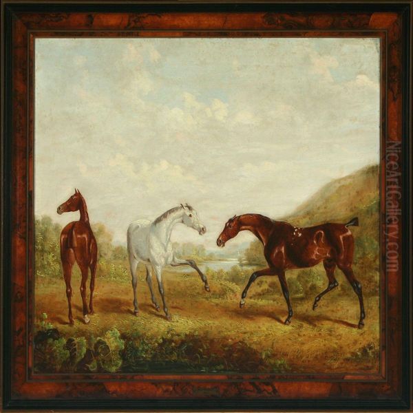 Landscape With Younghorses Oil Painting by W.J. Gilbert