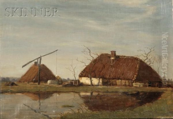 Cottages On The Riverbank Oil Painting by Paulus Adriaan Gildemeester