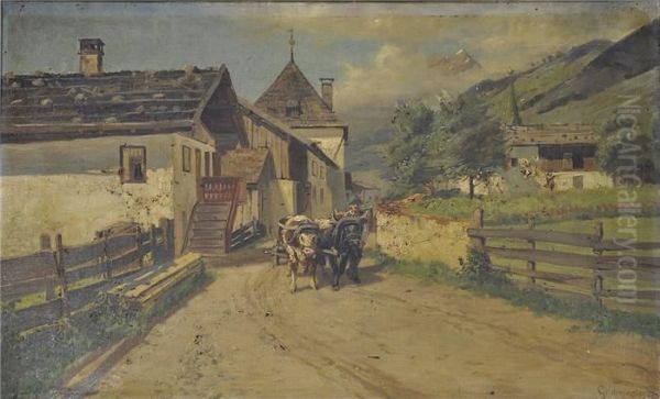 Dorfstrase Mitbauer Und Ochsengespann. Oil Painting by Max Gildemeister