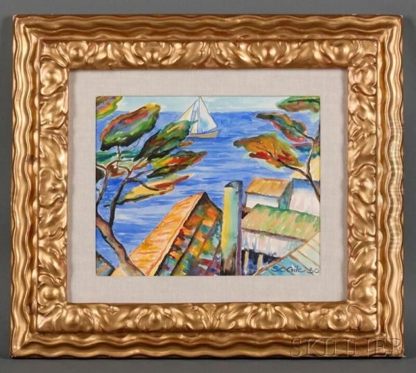 Rooftop View To The Sea With Sailboat Oil Painting by Selden Connor Gile