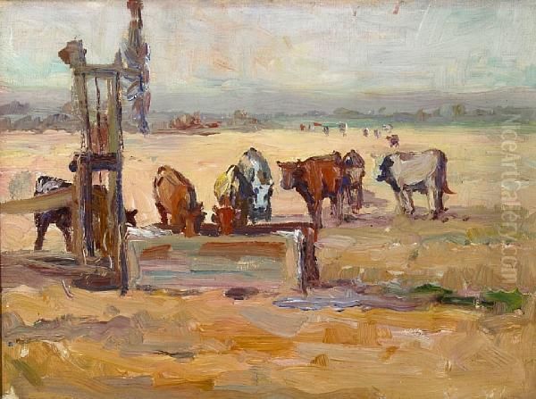 Cows At The Old Windmill Pump Oil Painting by Selden Connor Gile