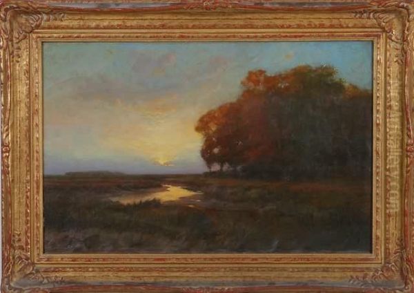 Sunset Reflecting On The River, Landscape Oil Painting by Horace P. Giles