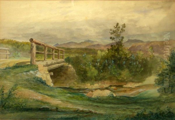 A View Of A Bridge With Hills In The Distance Oil Painting by James William Giles