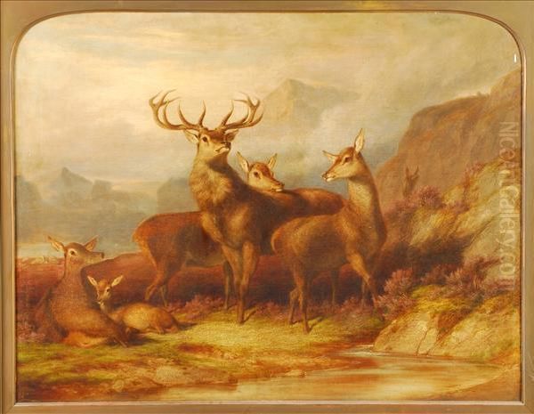 Stag And Hinds In Ahighland Landscape Oil Painting by James William Giles