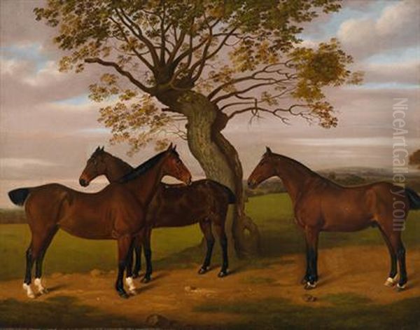 Three Bay Hunters In Landscape Oil Painting by Edward Gill