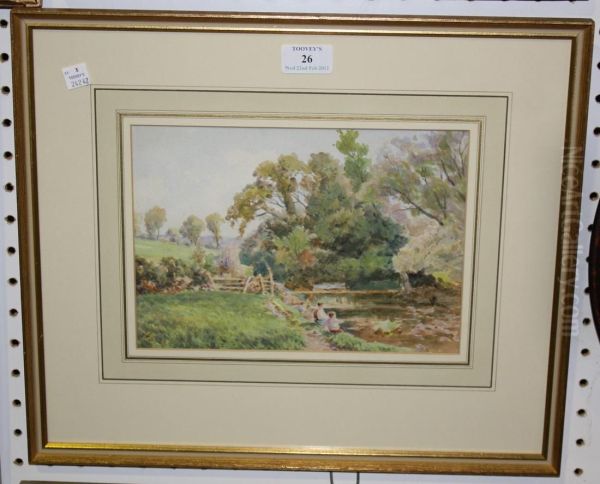 Children On The Bank Of A River Oil Painting by F. Gill