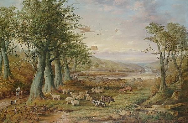 An Extensive Pastoral Landscape With A Figure On A Track Oil Painting by F.H. Gill