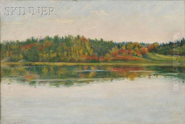 A Lakeview In Autumn Oil Painting by Mariquita Gill