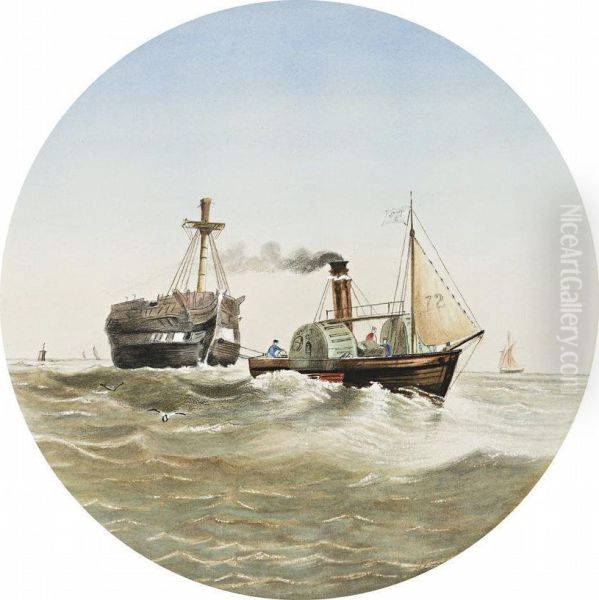 Steamer Working On The Bay Oil Painting by Samuel Thomas Gill