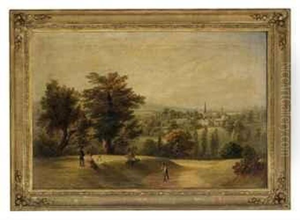 Figures In An Extensive Wooded Landscape, With A Villagebeyond Oil Painting by William Gill