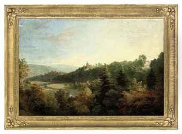 An Extensive River Landscape With Buildings Beyond Oil Painting by William Gill