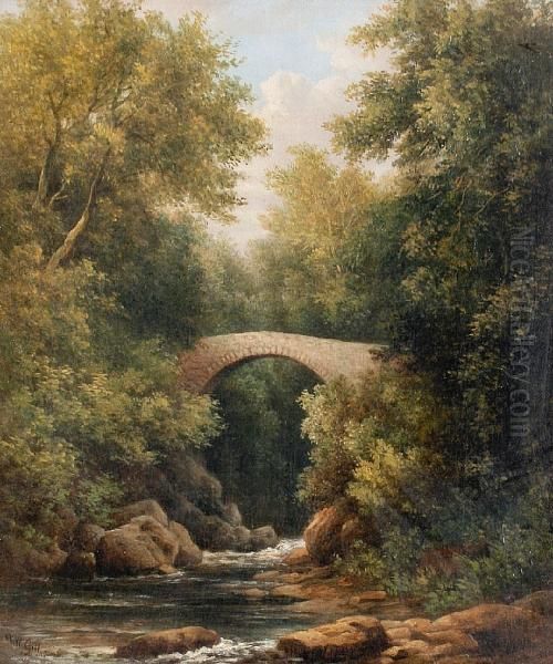 Footbridge Over A River Landscape Oil Painting by William Gill