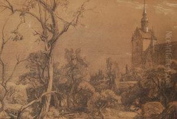 View Of A Church With Woodland Oil Painting by Christian Friedrich Gille