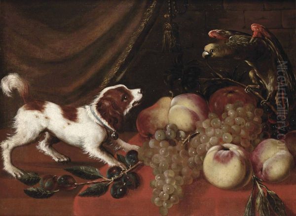 A Dog Barking At A Parrot On A Table With Peaches, Prumes And White Grapes Oil Painting by Jan Pauwel Gillemans The Elder