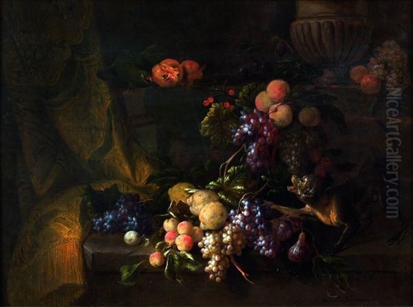 Nature Morte Aux Raisins, Singe Et Perroquet Oil Painting by Jan Pauwel Gillemans The Elder