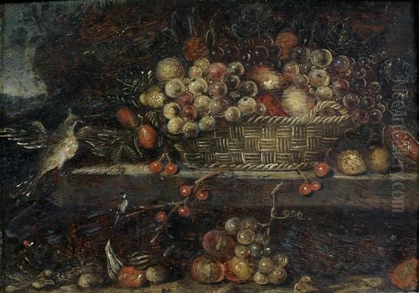 Nature Morte Au Panier De Fruits Et Oiseau Oil Painting by Jan Pauwel Gillemans The Elder