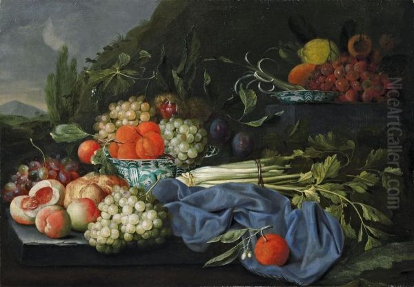 Fruchtestillleben Mitsellerie, Pfirsichen, Orangen Und Trauben In Einer Chinesischenporzellanbowle Oil Painting by Jan Pauwel Gillemans The Elder