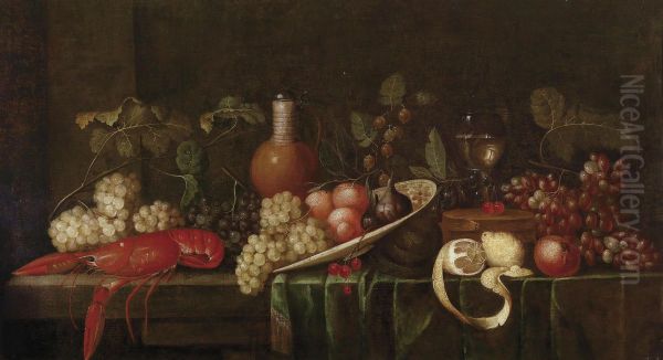 Large Still Life With Flowers With A Cookedlobster Oil Painting by Jan Pauwel Gillemans The Elder