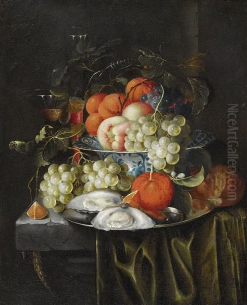 Still Life With Fruitand Oysters On A Marble Plinth Oil Painting by Jan Pauwel Gillemans The Elder