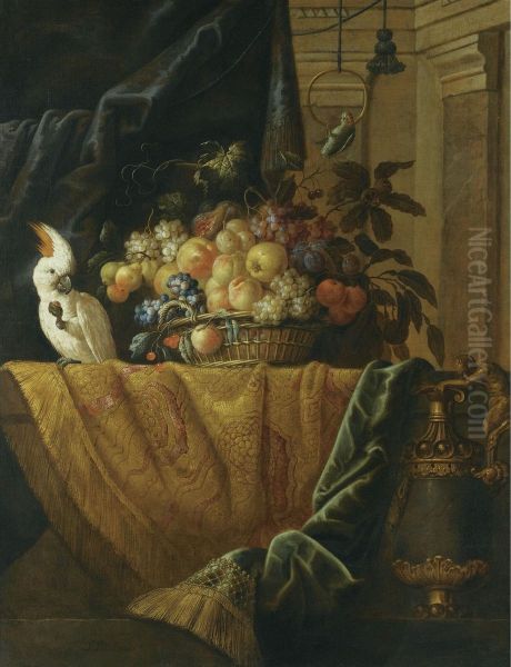 A Still Life With A Basket Of Fruit And A Parakeet Upon A Ledge Draped With A Damask Beside An Ormolu Mounted Porphyry Vase Oil Painting by Jan Pauwel Ii Gillemans