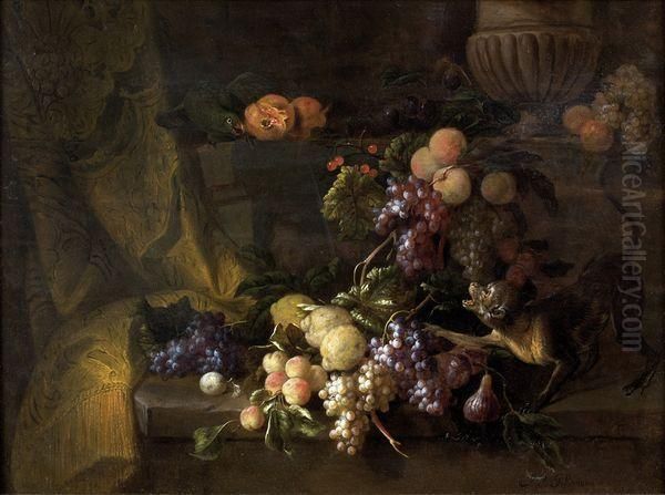 Nature Morte Aux Raisins, Singe Et Perroquet Oil Painting by Jan Pauwel Ii Gillemans