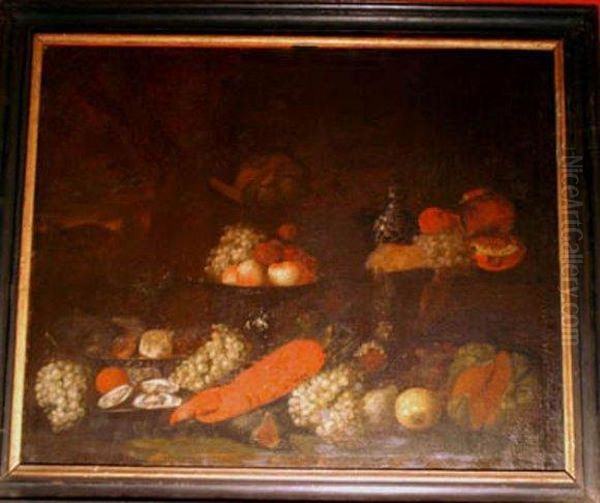 Large Still Life With Lobster Fruits And A Wanli Bottle In Landscape Oil Painting by Jan Pauwel Ii Gillemans