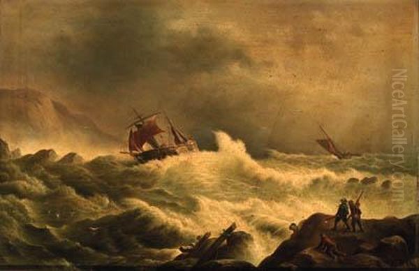 Shipping In A Storm Off A Coast; And Shipwrecked Oil Painting by Peter Mathys Gillemans