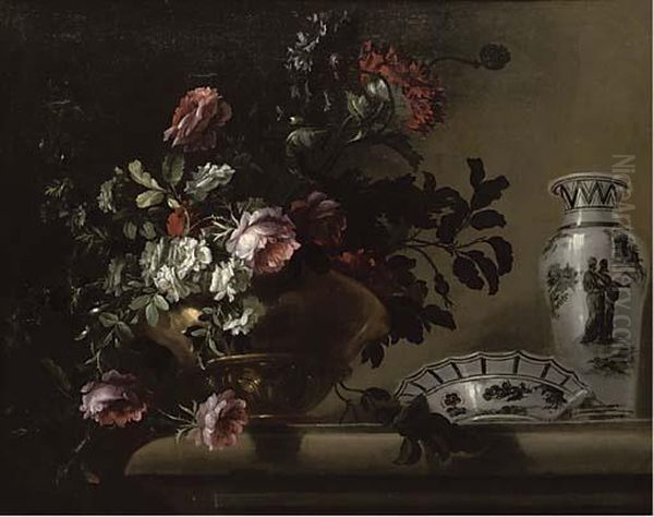 Red And White Roses In A Brass Urn With A Porcelain Bowl And Vase On A Stone Ledge Oil Painting by Charles Gilles Dutillieu