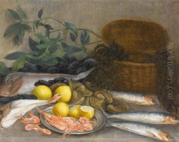 Still Life With Fish, 
Shrimps And Lemons Oil Painting by Edward Frank Gillett