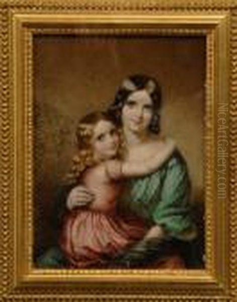 Portrait Of A Mother And Child, Wearing Green And Pink Silk Dresses Oil Painting by Margaret Gillies