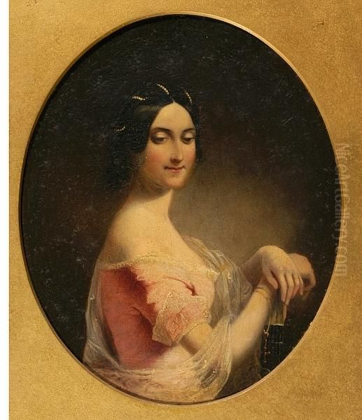 A Portrait Of Mrs Charles Walpole, Standing Half-length In Pink Gown With Pearls In Her Hair Oil Painting by Margaret Gillies