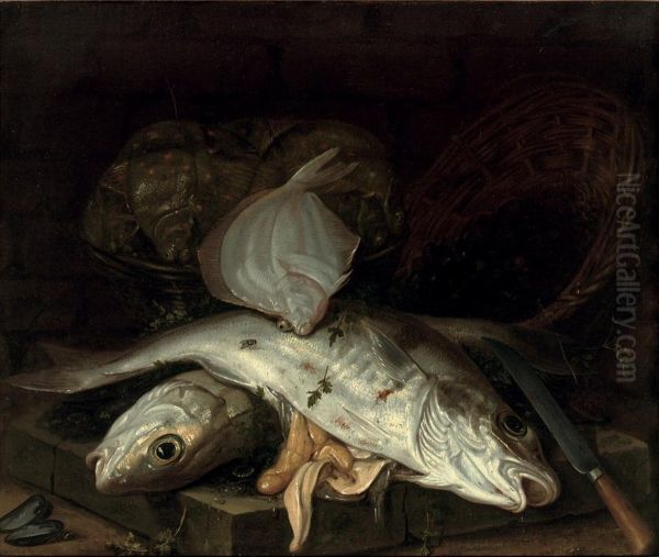 Various Fish On A Stone Ledge Oil Painting by Jakob Gillig