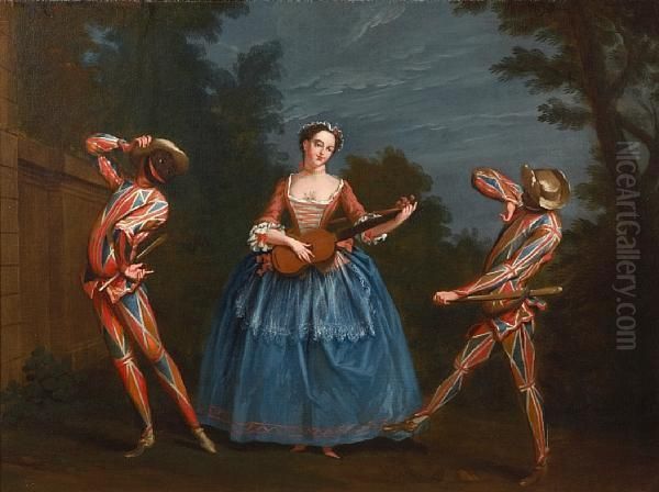 Commedia Dell'arte Figures In A Woodland Clearing Oil Painting by Claude Gillot