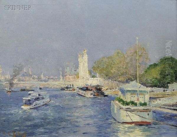 View Of Boats Along The Seine Oil Painting by Eugne-Louis Gillot