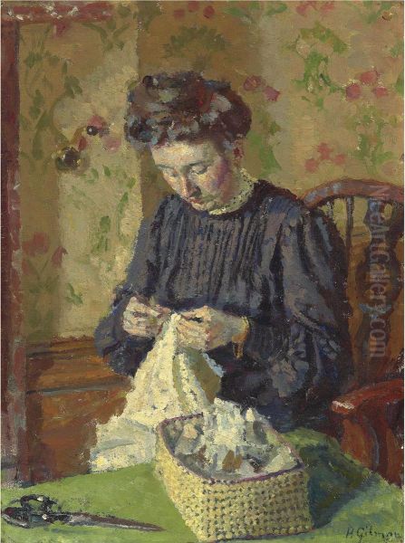 Woman Sewing Oil Painting by Harold Gilman