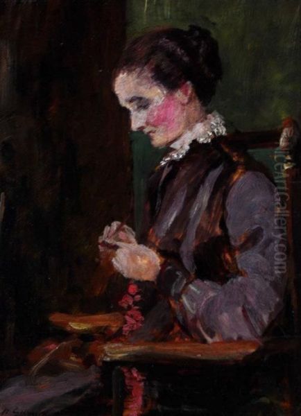 A Study Of A Woman Seated In A Chair Sewing Oil Painting by Harold Gilman