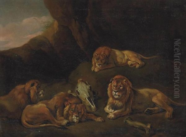 Lions Resting In A Rocky Landscape Oil Painting by Sawrey Gilpin