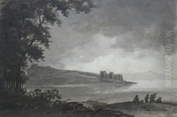 Figures And A Ruin By A Lake Oil Painting by William Gilpin