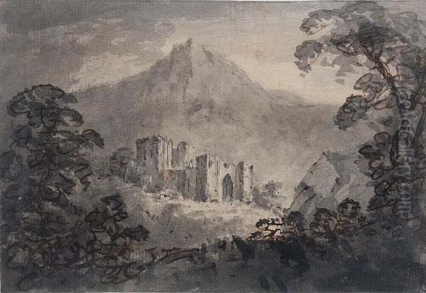 View Of Abbey Ruins Before Mountains; Ruins By A Lake Oil Painting by William Gilpin