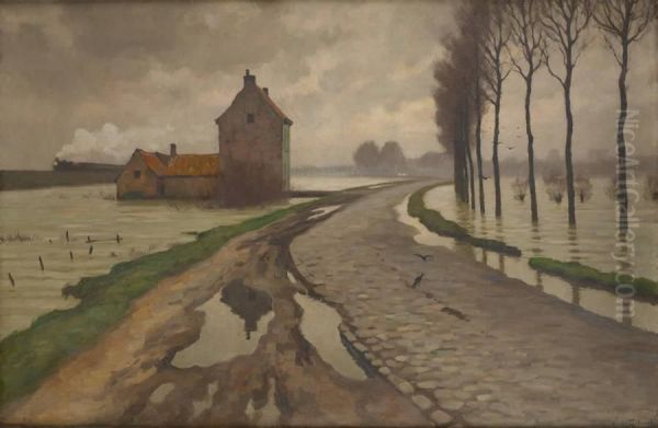 Train A Vapeur Devant Les Inondations Oil Painting by Victor Gilsoul