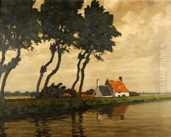 River Landscape With Watering Cattle Oil Painting by Victor Gilsoul