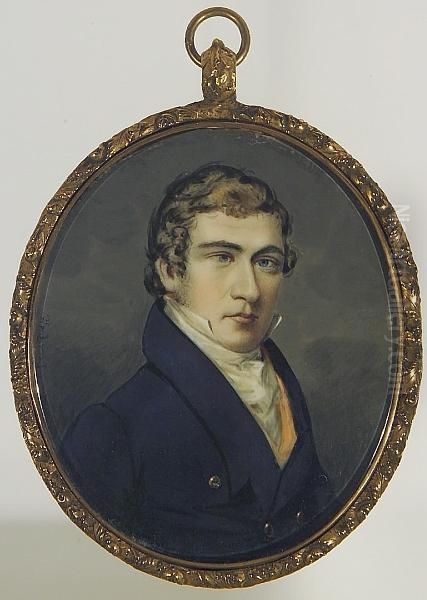 A Gentleman, Wearing Dark Blue Coat With Gold Buttons, Yellow Waistcoat, White Chemise And Cravat. Oil Painting by Thomas Gimbrede