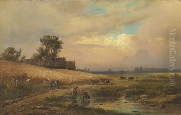 Cattle Watering In A Summer Landscape Oil Painting by Alexander Vasiliev. Gine