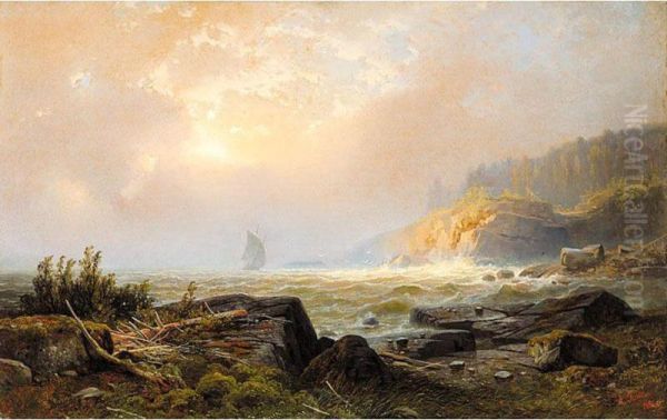 Coastal View With Ship Oil Painting by Alexander Vasiliev. Gine