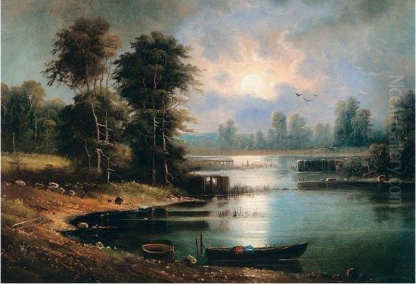 Woodland Lake By Moonlight Oil Painting by Alexander Vasiliev. Gine