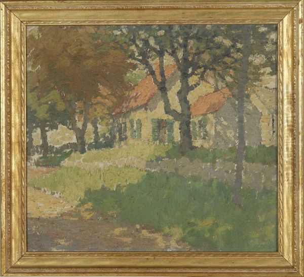 Impressionistic Landscape With A Yellow House Behind Trees Oil Painting by Mary Gine Riley