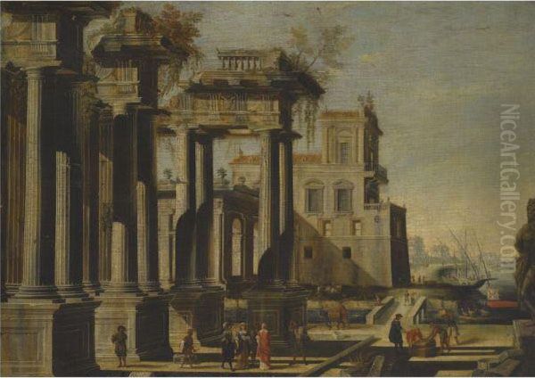 A Mediterranean Harbour Capriccio With Figures Beneath Classicalruins Oil Painting by Vicente Giner